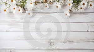 white rustic wooden texture table top view with blossoming daisies spring flowers and scattered petals, with copy space