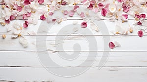 white rustic wooden texture table top view with blossoming spring flowers and scattered petals, with copy space