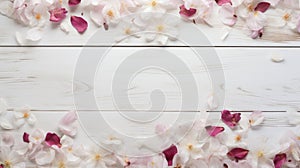 white rustic wooden texture table top view with blossoming spring flowers and scattered petals, with copy space