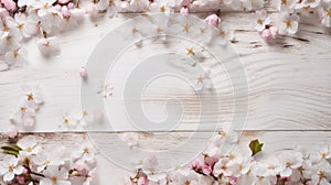 white rustic wooden texture table top view with blossoming spring flowers and scattered petals, with copy space