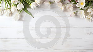 white rustic wooden texture table top view with blossoming spring flowers tulips, with copy space