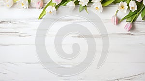 white rustic wooden texture table top view with blossoming spring flowers tulips, with copy space