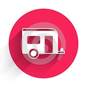 White Rv Camping trailer icon isolated with long shadow. Travel mobile home, caravan, home camper for travel. Red circle