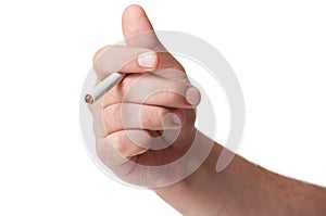 A white's man hand holding a cigarette on a white background