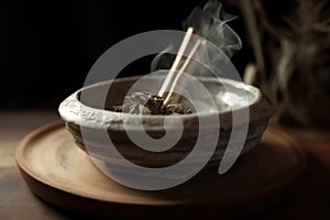 White sage incense burning on porcelain bowl.