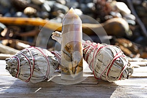 White Sage Smudge Sticks and Agate Crystal Tower Close Up