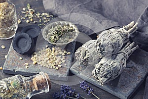 White sage smudge sticks, herbs and olibanum