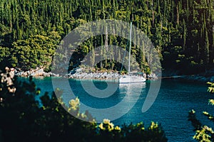 White sail boat yacht moored in the bay of Foki beach with cypress trees in background, Fiskardo, Cefalonia, Ionian