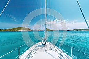 white sailboat sailing around some paradisiacal islands. View from the deck to the bow, mast, sails. Ai generative