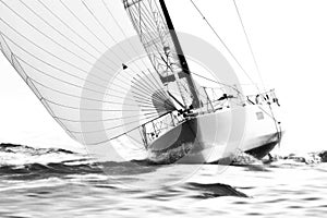 White sailboat with spinnaker on ramming speed