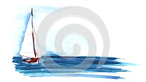 White sailboat with a triangular sail blue sea. Hand-drawn watercolor sketch illustration