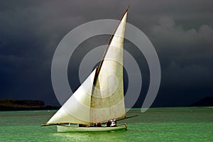 White sailed pirogue on the ocean