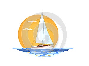 White sailing boat with red stripe on its side set on water surface. Orange sun and flying birds in the background.