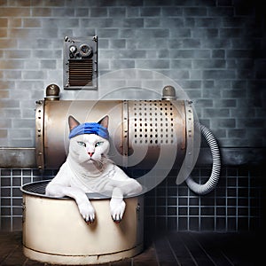 White sailor man cat takes a bath in a metal barrel