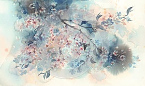 White sakura flower blossom on a dark background watercolor. photo