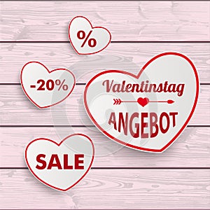 White Sale Hearts Red Ribbon Valentinstag Pink Wooden Background photo