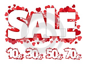 White sale sign over red hearts background