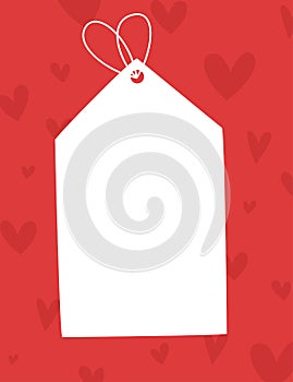 White sale tag on red background with hearts