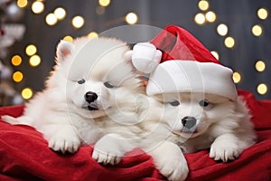 White Samoyed dog puppies in red Santa hats lie on a blanket under the Christmas tree against the background of