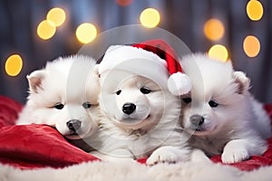 White Samoyed dog puppies in red Santa hats lie on a blanket under the Christmas tree against the background of