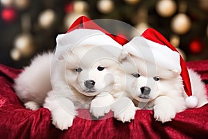 White Samoyed dog puppies in red Santa hats lie on a blanket under the Christmas tree against the background of