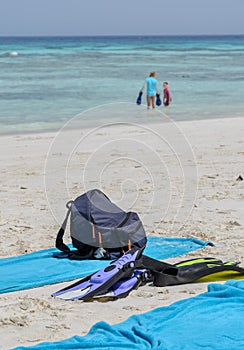White sand beach with accessories