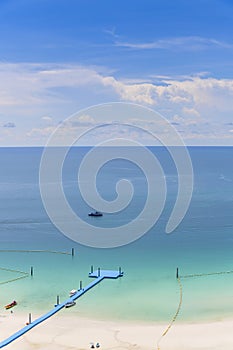 White sand beach and blue sea at Tawaen Beach on larn island, Pattaya City in sunny blue sky day, Chonburi, Thailand