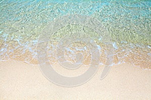 White sand beach, blue sea wave landscape, turquoise transparent ocean water, golden sand close up, summer holidays concept