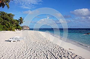 White sand beach with deckchairs