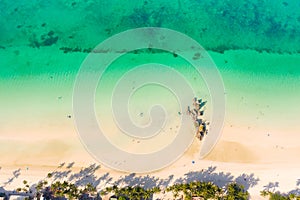 White sand beach and lagoon with turquoise water, aerial view. Boracay island Grotto, Willy`s Rock.