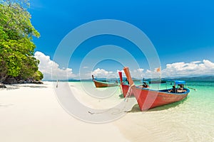 White sand beach and Long-tail boat at Khang Khao Island Bat island, The beautiful sea Ranong Province, Thailand
