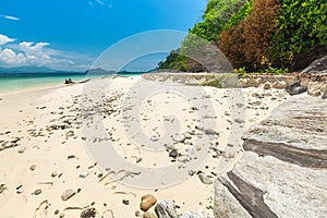 White sand beach and Long-tail boat at Khang Khao Island Bat island, The beautiful sea Ranong Province, Thailand