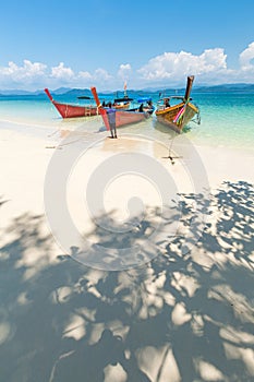 White sand beach and Long-tail boat at Khang Khao Island Bat island, The beautiful sea Ranong Province, Thailand