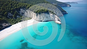 White sand beach of Mediterranean shoreline. Green grass covered cliff washed by the turquoise transparent sea water