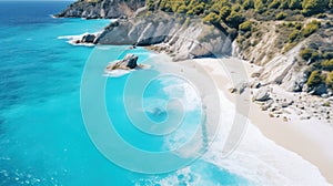 White sand beach of Mediterranean shoreline. Green grass covered cliff washed by the turquoise transparent sea water