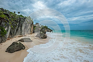 White sand beach and ruins of Tulum, Yuacatan, Mexico