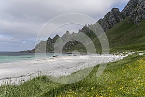 White sand beach and steep rocks, Bleik , Norway