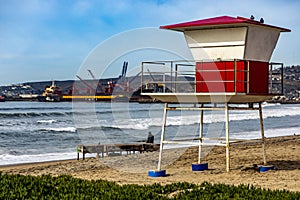 White sand beach with the watchman\'s hut in the city of Ensenada in the state of Baja California in Mexico.