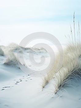 White sand dunes with soft wild grass and a path leading towards the sea. Dreamy, empty beach. Generative AI