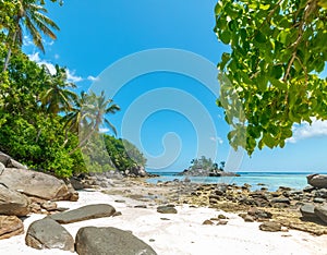 White sand and granite rocks in Anse Royale beach