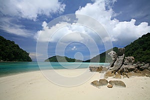 White sand and natural rocks on exotic shore