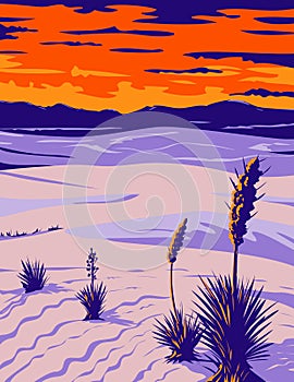 White Sands National Park with Soaptree Yucca in Tularosa Basin New Mexico WPA Poster Art