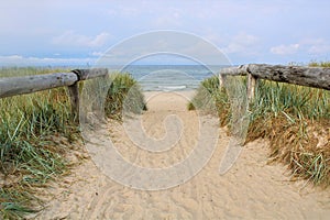 A white sandy beach with green grass in Darlowko, Poland