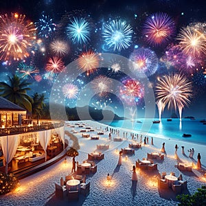 A white sandy beach, new year's party, concept of celebration, colorful fireworks, sea view, starry night, cottages