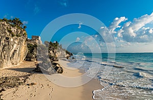 White sandy beach and ruins of Tulum, Yucatan, Mexico