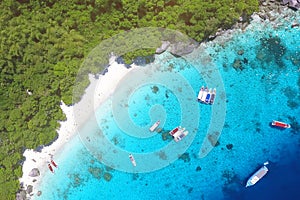 White Sandy Honeymoon Beach at Similan Island Aerial View From Above. Andaman, Thailand. Travel, summer, vacation and