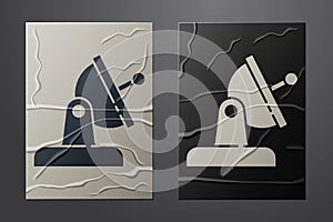 White Satellite dish icon isolated on crumpled paper background. Radio antenna, astronomy and space research. Paper art