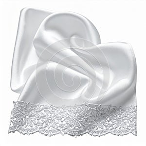 White Satin Fabric with Lace Trim on White Background with Soft Lighting