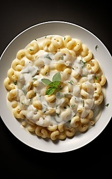 White sauce macaroni Indian style in a white plate, top view fine dining restaurant