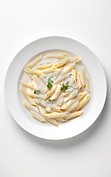 White sauce penne pasta in a white pasta plate